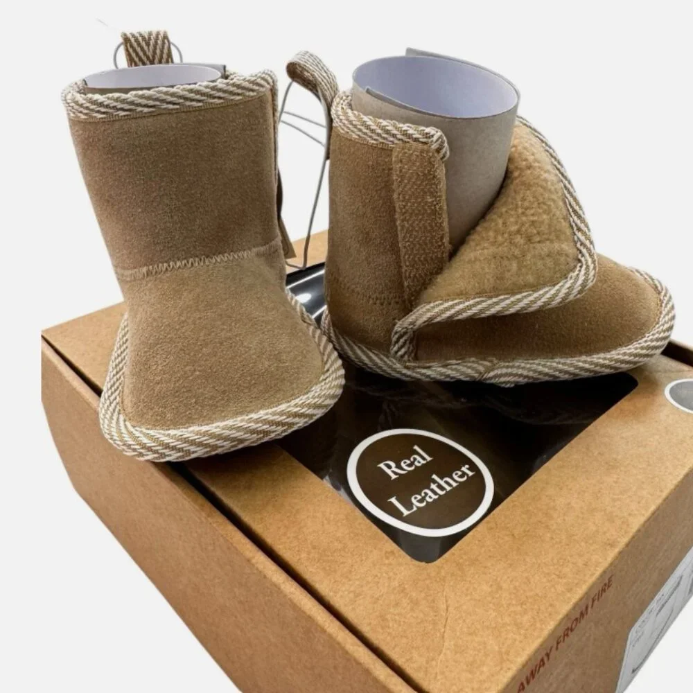 NWT Bearpaw Infant Booties Real Leather Shearling Tan Unisex 0–6M